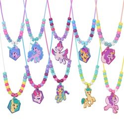 Size: 2000x2000 | Tagged: safe, imported from derpibooru, hitch trailblazer, izzy moonbow, pipp petals, sunny starscout, zipp storm, earth pony, pegasus, pony, unicorn, bead, female, g5, high res, jewelry, male, mane five (g5), mare, merchandise, necklace, official, simple background, stallion, toy, white background