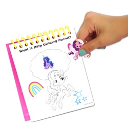 Size: 2000x2000 | Tagged: safe, imported from derpibooru, izzy moonbow, pipp petals, human, pegasus, pony, unicorn, coloring page, disembodied hand, female, g5, hand, high res, irl, irl human, mare, merchandise, notepad, official, photo, simple background, sticker, text, white background