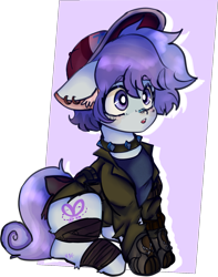 Size: 1309x1657 | Tagged: safe, artist:ube, artist:ubebreb, imported from derpibooru, oc, oc only, oc:lilac snip, earth pony, pony, ashes town, bandage, choker, clothes, collar, earth pony oc, floppy ears, hat, ribbon, simple background, spiked collar, tomboy