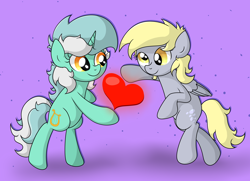 Size: 5746x4164 | Tagged: safe, artist:background basset, imported from derpibooru, derpy hooves, lyra heartstrings, pegasus, pony, unicorn, bipedal, duo, duo female, female, heart, simple background