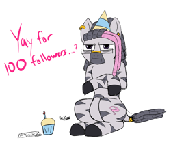 Size: 3568x3072 | Tagged: safe, artist:datzigga, imported from derpibooru, oc, oc only, oc:dizzy, pony, zebra, arms folded, bags under eyes, crossed arms, cupcake, food, glasses, grumpy, hat, high res, implied pinkie pie, male, milestone, party hat, piercing, sitting, solo, stallion, zebra oc