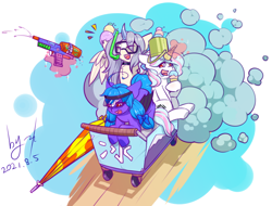 Size: 1024x780 | Tagged: safe, artist:ninebuttom, imported from derpibooru, oc, oc:frozen light, oc:moontrace, oc:sharlight twiler, alicorn, bat pony, pony, unicorn, chinese, food, horn, ice cream, snorkel, watergun, wings