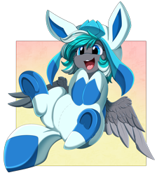 Size: 3330x3709 | Tagged: safe, artist:pridark, imported from derpibooru, oc, oc only, glaceon, pegasus, pony, clothes, colored wings, commission, costume, crossover, cute, happy, high res, kigurumi, male, multicolored wings, nintendo, ocbetes, open mouth, pegasus oc, pokémon, solo, underhoof, wings