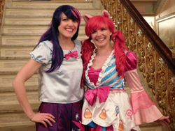 Size: 2827x2121 | Tagged: safe, artist:brinycosplay, imported from derpibooru, pinkie pie, twilight sparkle, human, equestria girls, clothes, cosplay, costume, dress, duo, gala dress, high res, irl, irl human, photo, ponycon 2016, ponycon nyc