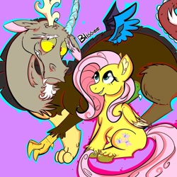 Size: 1080x1080 | Tagged: safe, artist:blissee, imported from derpibooru, discord, fluttershy, draconequus, pony, blue outline, discoshy, female, grin, long mane, looking at each other, male, nervous, nervous grin, outline, shipping, signature, smiling, straight