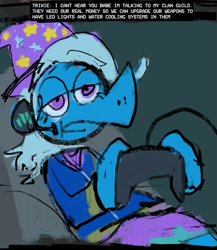 Size: 723x834 | Tagged: safe, artist:cate wurtz, imported from derpibooru, trixie, pony, semi-anthro, unicorn, clothes, controller, dialogue, equestria girls outfit, female, gaming, gaming headset, hat, headset, lidded eyes, open mouth, sitting, solo, trixie's hat