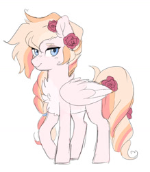 Size: 1280x1464 | Tagged: safe, artist:void-sommar, imported from derpibooru, oc, oc only, oc:rosemary, pegasus, pony, chest fluff, female, flower, flower in hair, magical lesbian spawn, mare, offspring, parent:applejack, parent:rainbow dash, parents:appledash, simple background, solo, white background