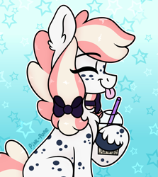 Size: 1335x1500 | Tagged: safe, artist:pink-pone, imported from derpibooru, oc, oc only, oc:bubble tea, earth pony, pony, bow, female, mare, smoothie, solo, tongue out