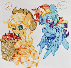 Size: 500x475 | Tagged: artist needed, safe, imported from derpibooru, applejack, rainbow dash, earth pony, pegasus, pony, apple, basket, cute, dashabetes, female, food, jackabetes, traditional art