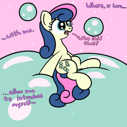 Size: 2000x2000 | Tagged: safe, artist:dafiltafish, imported from derpibooru, bon bon, sweetie drops, earth pony, pony, comic:day by day, bubble, disembodied voice, female, high res, mare, solo