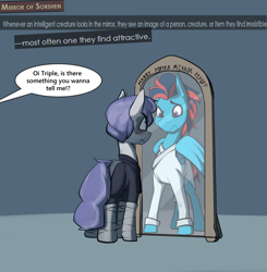 Size: 1192x1216 | Tagged: safe, artist:triplesevens, imported from derpibooru, oc, oc only, oc:andrew swiftwing, oc:triple sevens, pegasus, unicorn, /mlptg/ the bannermanes, blushing, clothes, fantasy class, implied shipping, magic mirror, mirror, robe, rogue, text, wings