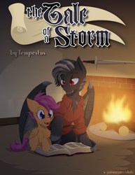 Size: 1224x1584 | Tagged: safe, artist:willoillo, imported from derpibooru, scootaloo, oc, dracony, dragon, hybrid, pony, blackletter, clothes, commission, cover, fanfic art, fireplace, open book, rolled up sleeves, shirt, sword, weapon