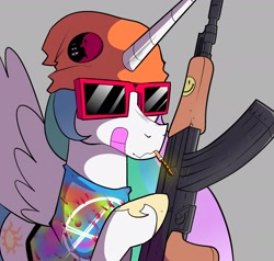 Size: 2100x2000 | Tagged: safe, artist:swagstapiece, imported from derpibooru, princess celestia, alicorn, pony, ak-47, assault rifle, bandaid, beanie hat, cigarette, clothes, female, gray background, gun, hat, high res, mare, rifle, shirt, simple background, solo, sunglasses, tie dye, weapon