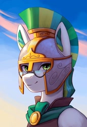 Size: 2000x2914 | Tagged: artist needed, source needed, safe, artist:mrscroup, imported from derpibooru, oc, oc only, oc:shell watch, pegasus, equestria at war mod, armor, background, bust, glasses, green eyes, high res, portrait, solo, spartan, sunrise