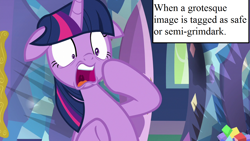 Size: 1280x720 | Tagged: safe, edit, edited screencap, imported from derpibooru, screencap, twilight sparkle, molt down, faic, horrified, inset, meta, text, what has been seen, window