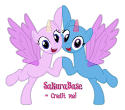 Size: 4681x4106 | Tagged: safe, artist:sakurastageani, imported from derpibooru, oc, oc only, alicorn, pony, road to friendship, :d, alicorn oc, bald, base, bipedal, duo, eyelashes, female, horn, mare, simple background, smiling, transparent background, wings