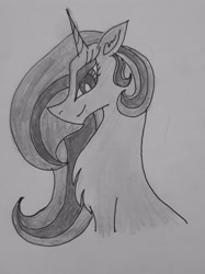 Size: 2408x3212 | Tagged: safe, artist:goldlines005, imported from derpibooru, oc, oc only, oc:moonstar, pony, unicorn, bedroom eyes, chest fluff, female, grayscale, high res, horn, mare, monochrome, solo, traditional art, unicorn oc