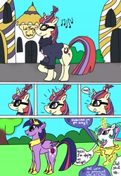 Size: 3048x4440 | Tagged: safe, artist:goldlines005, imported from derpibooru, moondancer, princess celestia, twilight sparkle, alicorn, pony, unicorn, building, bust, comic, dialogue, female, glowing horn, horn, implied princess luna, jewelry, magic, mare, outdoors, peytral, portal, telekinesis, tiara, twilight sparkle (alicorn)