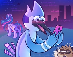 Size: 2980x2350 | Tagged: safe, artist:melangetic, imported from derpibooru, twilight sparkle, alicorn, bird, blue jay, pony, raccoon, airplanes (song), butt, cellphone, crossover, crossover shipping, female, high res, male, mare, meme, mordecai, mordetwi, night, phone, plot, redraw mordetwi meme, regular show, rigby, shipping, skyscraper, smartphone, straight, text, twilight sparkle (alicorn)