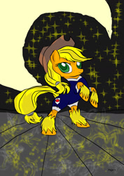 Size: 1240x1754 | Tagged: safe, artist:foxgearstudios, imported from derpibooru, applejack, earth pony, pony, clothes, crescent moon, hat, moon, rearing, smiling, solo, stars, transparent moon, unshorn fetlocks