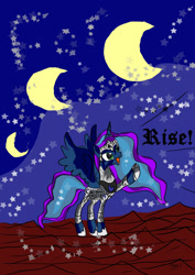 Size: 1240x1754 | Tagged: safe, artist:foxgearstudios, imported from derpibooru, princess luna, alicorn, pony, armor, crescent moon, hoof shoes, horn, moon, night, raised hoof, solo, stars, talking, transparent moon, wings