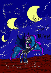 Size: 1240x1754 | Tagged: safe, alternate version, artist:foxgearstudios, imported from derpibooru, princess luna, alicorn, pony, armor, crescent moon, hoof shoes, horn, moon, night, raised hoof, solo, stars, talking, transparent moon, wings