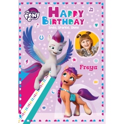 Size: 1500x1500 | Tagged: safe, imported from derpibooru, sunny starscout, zipp storm, earth pony, human, pegasus, pony, abstract background, birthday card, card, female, flying, g5, irl, irl human, looking down, looking up, mare, merchandise, my little pony logo, official, photo, target demographic, text