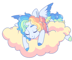 Size: 1200x1000 | Tagged: safe, artist:lavvythejackalope, imported from derpibooru, oc, oc only, pegasus, pony, cloud, colored hooves, commission, eyes closed, multicolored hair, on a cloud, pegasus oc, rainbow hair, simple background, sleeping, solo, transparent background, two toned wings, wings, ych result