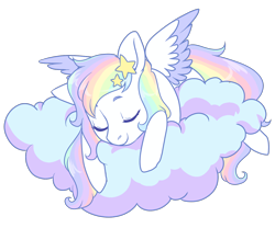 Size: 1200x1000 | Tagged: safe, artist:lavvythejackalope, imported from derpibooru, oc, oc only, pegasus, pony, cloud, commission, eyes closed, multicolored hair, on a cloud, pegasus oc, rainbow hair, simple background, sleeping, smiling, solo, transparent background, two toned wings, wings, ych result