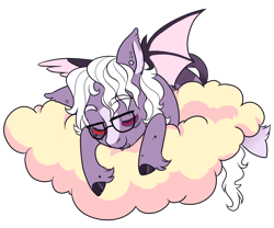 Size: 1200x1000 | Tagged: safe, artist:lavvythejackalope, imported from derpibooru, oc, oc only, bat pony, pony, bat pony oc, bat wings, cloud, colored hooves, commission, eyes closed, glasses, on a cloud, simple background, sleeping, solo, transparent background, wings, ych result