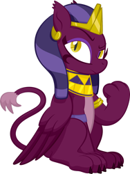 Size: 1600x2129 | Tagged: safe, artist:alexdti, imported from derpibooru, sphinx (character), sphinx, egyptian, egyptian headdress, egyptian pony, female, g4 mega collab, simple background, solo, transparent background