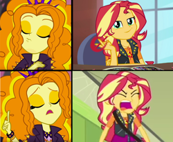 Size: 868x716 | Tagged: safe, edit, imported from derpibooru, screencap, adagio dazzle, sunset shimmer, equestria girls, equestria girls series, forgotten friendship, sunset's backstage pass!, super squad goals, spoiler:eqg series (season 2), angry, hotline bling, meme, music festival outfit, rage, rageset shimmer, smug, smugset shimmer, that pony sure have anger issues