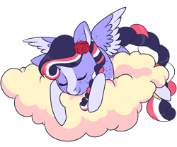 Size: 1200x1000 | Tagged: safe, artist:lavvythejackalope, imported from derpibooru, oc, oc only, pegasus, pony, braided tail, cloud, commission, eyes closed, flower, flower in hair, on a cloud, pegasus oc, rose, simple background, sleeping, solo, transparent background, two toned wings, wings, ych result