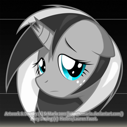 Size: 1500x1500 | Tagged: safe, artist:srmario, imported from derpibooru, oc, oc only, oc:doctiry, pony, unicorn, abstract background, broken horn, eyelashes, female, frown, horn, mare, unicorn oc