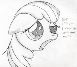 Size: 500x437 | Tagged: safe, artist:srmario, imported from derpibooru, apple bloom, earth pony, pony, call of the cutie, female, filly, floppy ears, grayscale, implied applejack, lineart, missing accessory, monochrome, open mouth, solo, talking, traditional art