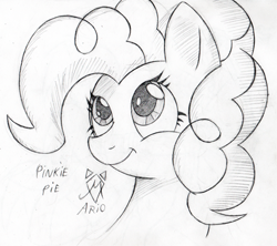 Size: 500x443 | Tagged: safe, artist:srmario, imported from derpibooru, pinkie pie, earth pony, pony, bust, eyelashes, female, grayscale, lineart, mare, monochrome, smiling, solo, traditional art