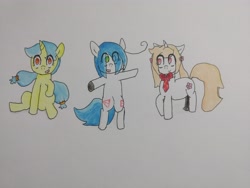 Size: 4000x3000 | Tagged: safe, artist:cherro, imported from derpibooru, oc, oc only, oc:cherry blossom, oc:mal, oc:viewing pleasure, bipedal, bowtie, traditional art