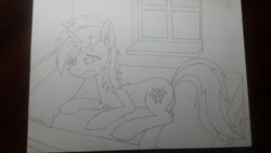 Size: 1032x581 | Tagged: safe, artist:danger-above, imported from derpibooru, oc, oc:snowi, unicorn, awake, bead, biohazard, female, full body, hooves, horn, mare, sketch, sleepy, traditional art