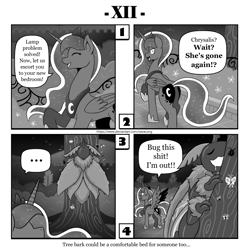 Size: 1200x1200 | Tagged: safe, artist:vavacung, imported from derpibooru, princess luna, queen chrysalis, alicorn, insect, moth, pony, comic:out of chrysalis, behaving like a moth, bugs doing bug things, comic, cross-popping veins, female, fuck this shit i'm out, species swap, vulgar