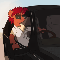 Size: 1080x1080 | Tagged: safe, artist:fatal_error, imported from derpibooru, oc, oc only, oc:red flux, changeling, insect, moth, mothling, original species, animated, car, headbang, male, red changeling, road, species swap, sun, sunglasses