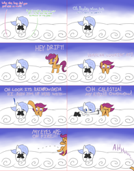 Size: 2562x3268 | Tagged: safe, artist:penguinpotential, imported from derpibooru, scootaloo, oc, oc:frigid drift, pegasus, pony, ask frigid drift, abuse, ask-frigiddrift, binoculars, high res, pepper spray, scootabuse