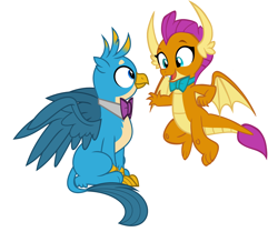 Size: 7128x5960 | Tagged: safe, artist:disneymarvel96, artist:memnoch, imported from derpibooru, gallus, smolder, dragon, griffon, the ending of the end, absurd resolution, bowtie, dragoness, duo, female, flying, male, simple background, vector, white background, wings