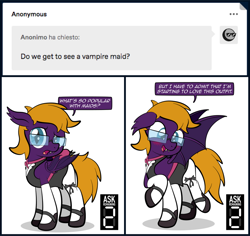 Size: 1024x966 | Tagged: safe, artist:alexdti, imported from derpibooru, oc, oc only, oc:purple creativity, bat pony, pony, bat ponified, clothes, confused, crossdressing, fangs, glasses, looking at you, maid, male, open mouth, race swap, solo