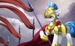 Size: 2400x1466 | Tagged: safe, artist:twinkling, imported from derpibooru, oc, oc only, pony, unicorn, armor, cloak, clothes, female, flag, guardsmare, mare, royal guard, solo, solo female, spear, weapon