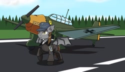 Size: 2048x1181 | Tagged: safe, artist:jakobthej, imported from derpibooru, oc, oc only, oc:devin, bat pony, pony, siren, bat pony oc, bat wings, clothes, hat, iron cross, ju-87, luftwaffe, male, pilot, plane, pose, runway, sky, smiling, solo, stallion, stuka, tree, uniform, war, wings, world war ii