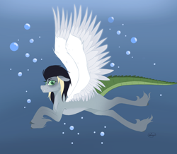 Size: 3324x2903 | Tagged: safe, artist:alliea1, imported from derpibooru, oc, oc only, alligator, hybrid, pegasus, pony, bubble, crepuscular rays, fangs, feather, green eyes, high res, ocean, signature, smiling, solo, spread wings, swimming, tail, underwater, unshorn fetlocks, water, wings