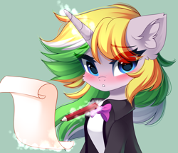 Size: 3852x3333 | Tagged: safe, artist:airiniblock, imported from derpibooru, imported from twibooru, oc, oc only, oc:lemons woosh, pony, unicorn, bust, clothes, commission, ear fluff, high res, horn, magic, pencil, portrait, rcf community, scroll, solo, telekinesis, unicorn oc