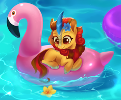 Size: 988x818 | Tagged: safe, artist:switchsugar, imported from derpibooru, oc, oc only, kirin, pony, colored pupils, cute, female, filly, floaty, flower, flower in hair, inflatable, inflatable flamingo, inflatable float, inflatable toy, inner tube, kirin oc, looking down, lying down, ocbetes, pool toy, prone, smiling, solo, water