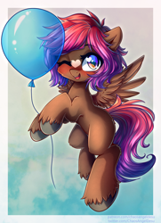 Size: 3584x4961 | Tagged: safe, artist:chaosangeldesu, imported from derpibooru, oc, oc only, oc:shaded star, pegasus, pony, balloon, cute, female, flying, happy, heart, looking at you, mare, ocbetes, party balloon, solo, unshorn fetlocks