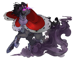 Size: 9055x7087 | Tagged: safe, artist:sourcherry, imported from derpibooru, king sombra, pony, unicorn, armor, cape, clothes, colored horn, curved horn, ermine (fur), g4 mega collab, horn, looking at you, male, shadow, smiling, smiling at you, smoke, sombra eyes, sombra horn, stallion